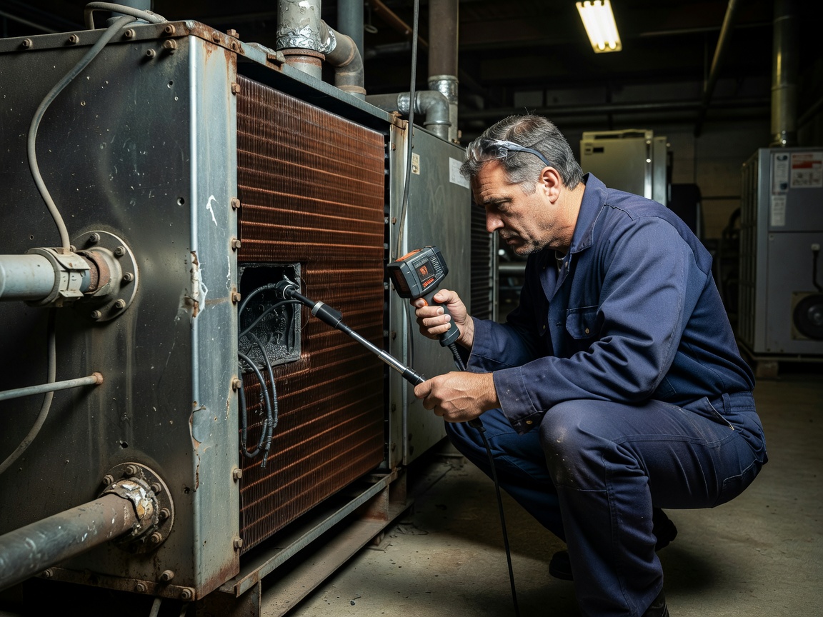 HVAC Technician Performing Diagnostics on Heat Exchanger